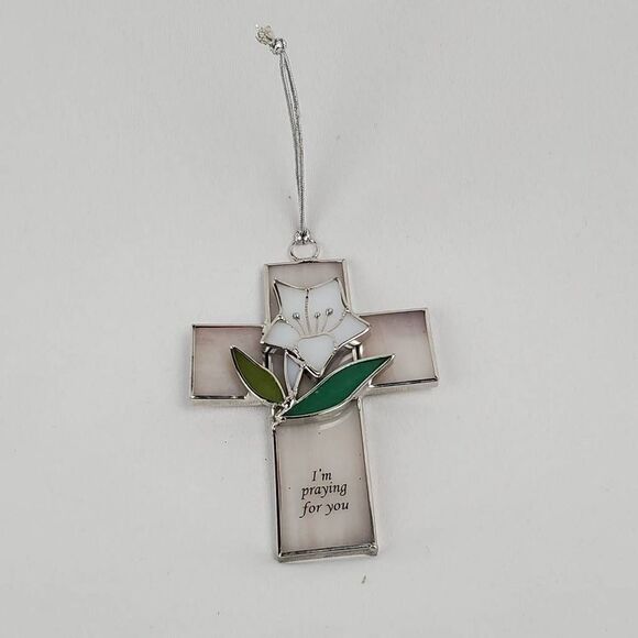 Stained Glass Cross, Thinking of you, peace lilly, Christmas Holiday Ornament - Picture 1 of 3